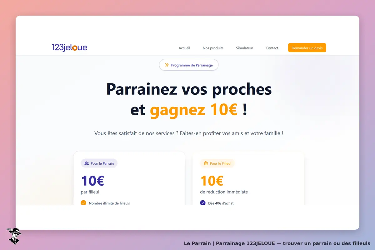 123JELOUE : page d'accueil avec programme de parrainage et offres pour parrain et filleul