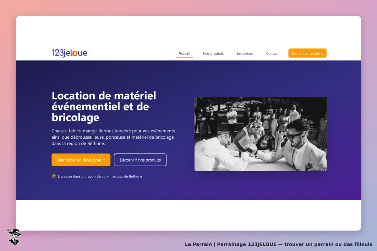 123JELOUE : page d'accueil présentant la location de matériel événementiel et de bricolage