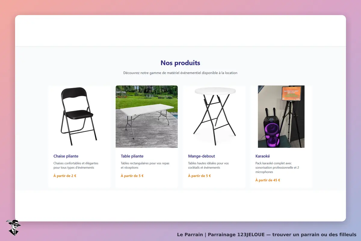 123JELOUE : affichage de produits à louer, incluant chaises, tables et matériel de karaoké