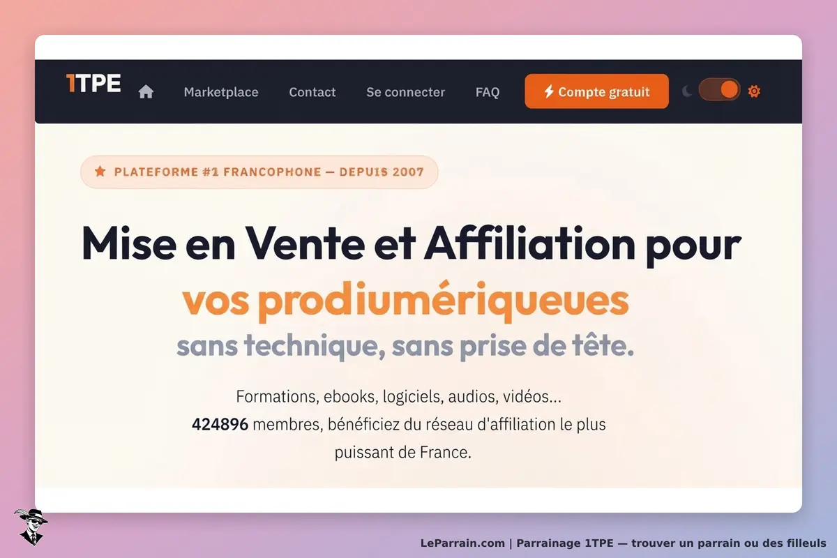 1TPE : page d'accueil présentant la mise en vente et l'affiliation de produits numériques