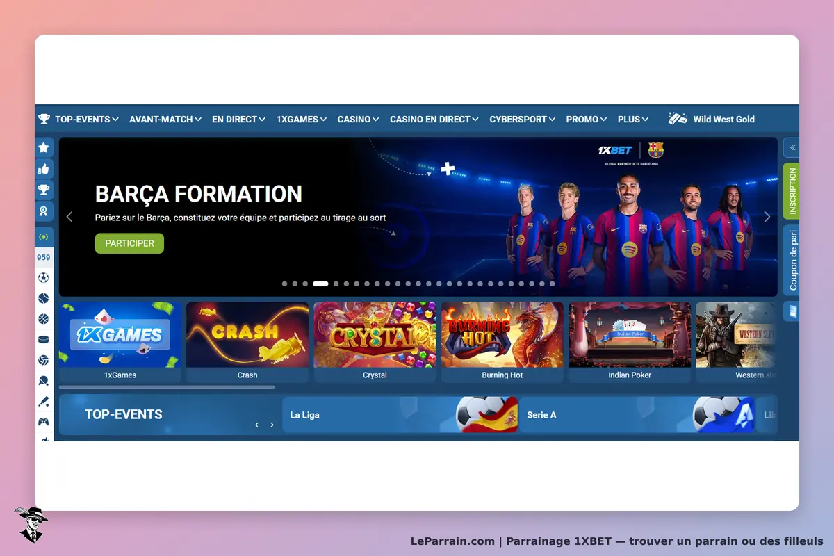 1XBET : page d'accueil avec les jeux et un visuel de l'équipe de football du Barça