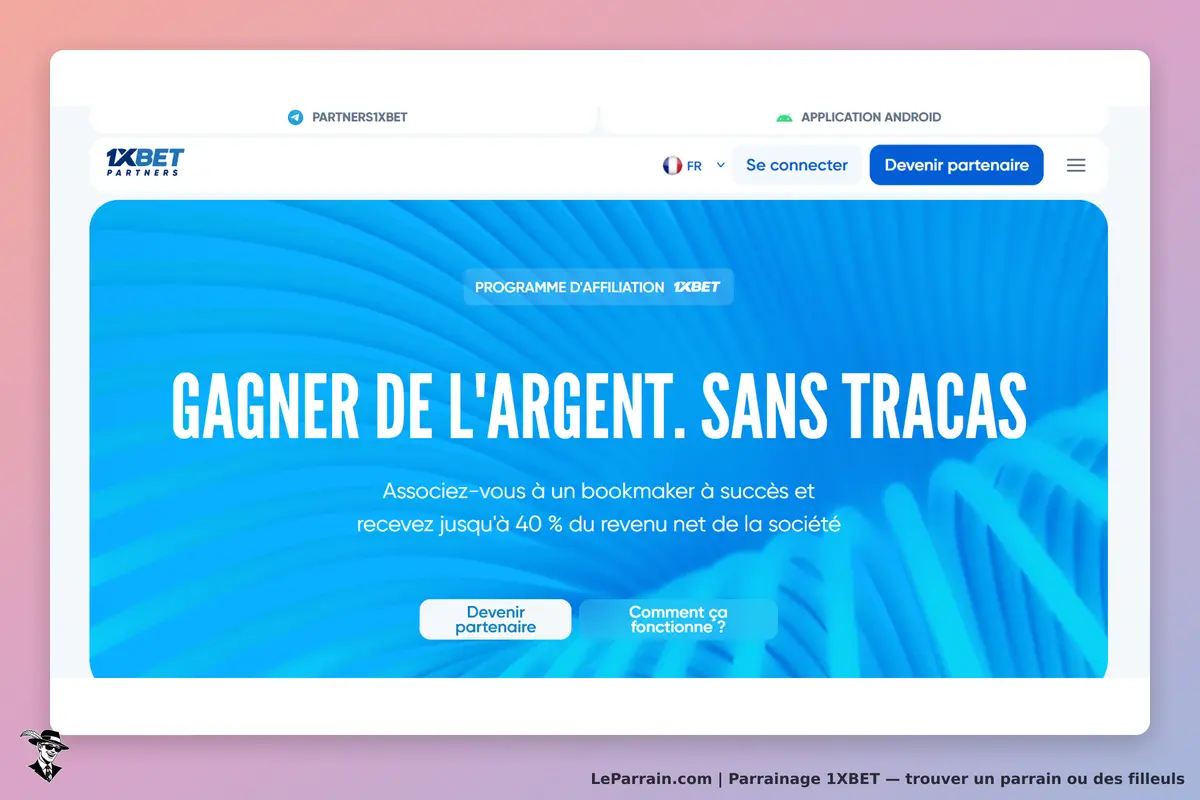 1XBET : page d'accueil avec un message sur le programme d'affiliation et des boutons d'action
