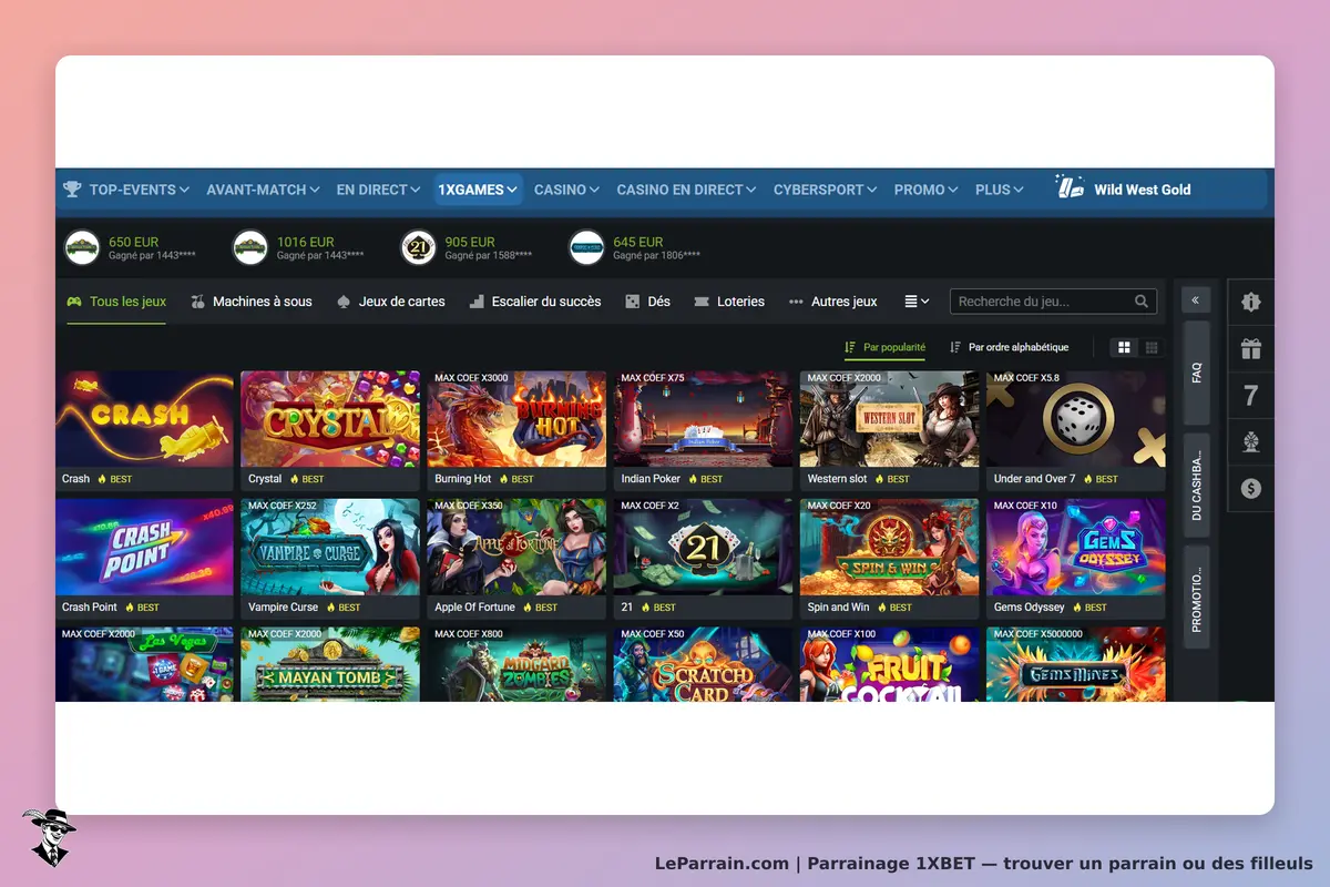 1XBET : page d'accueil affichant divers jeux de machines à sous et cartes, avec des illustrations