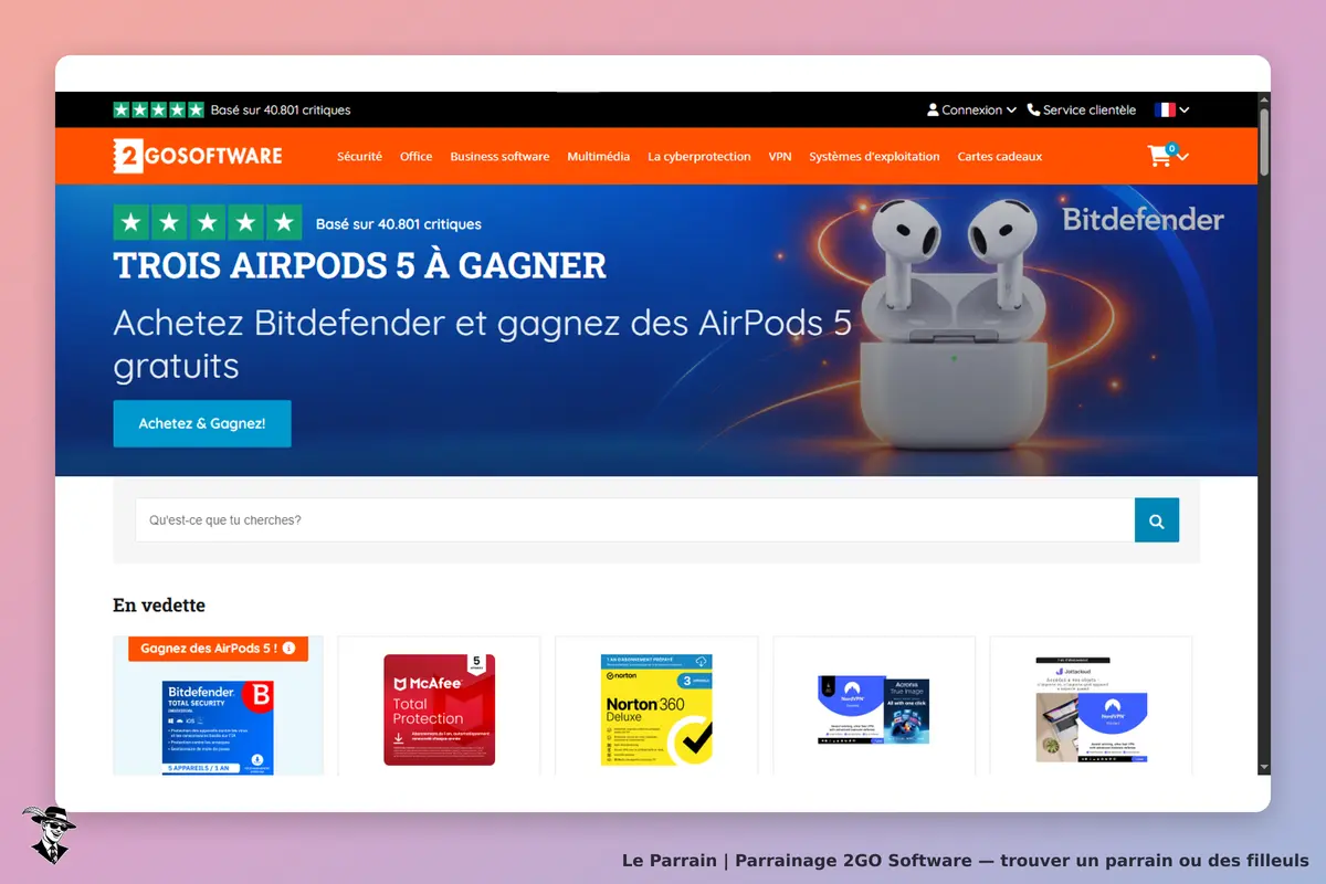 2GO Software : page d'accueil affichant Bitdefender et des AirPods 5 en promotion