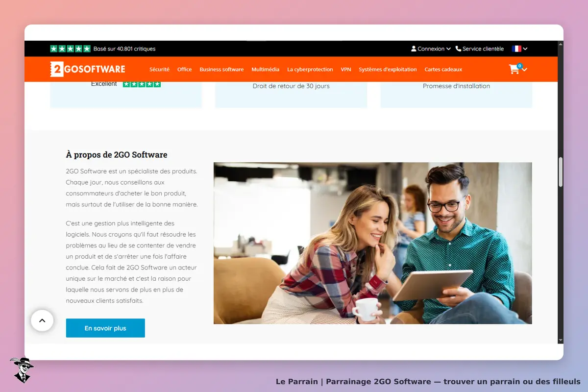 2GO Software : page d'accueil avec description et image de deux personnes utilisant une tablette