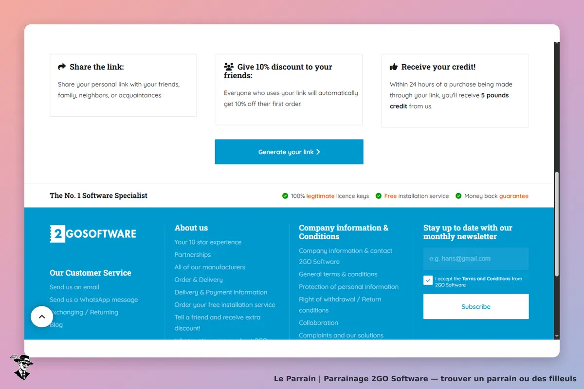 2GO Software : page d'accueil avec options de partage et d'inscription à la newsletter