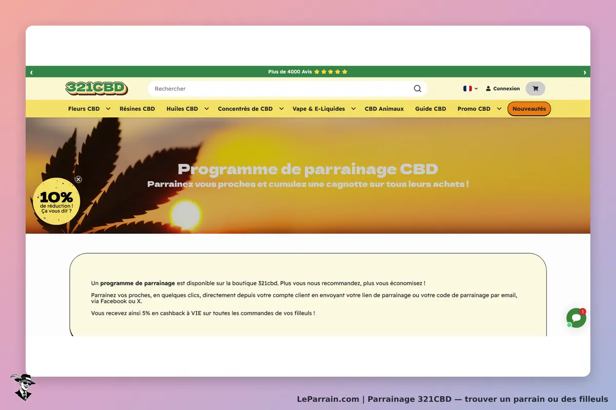 321CBD : page d'accueil présentant le programme de parrainage avec visuel de coucher de soleil