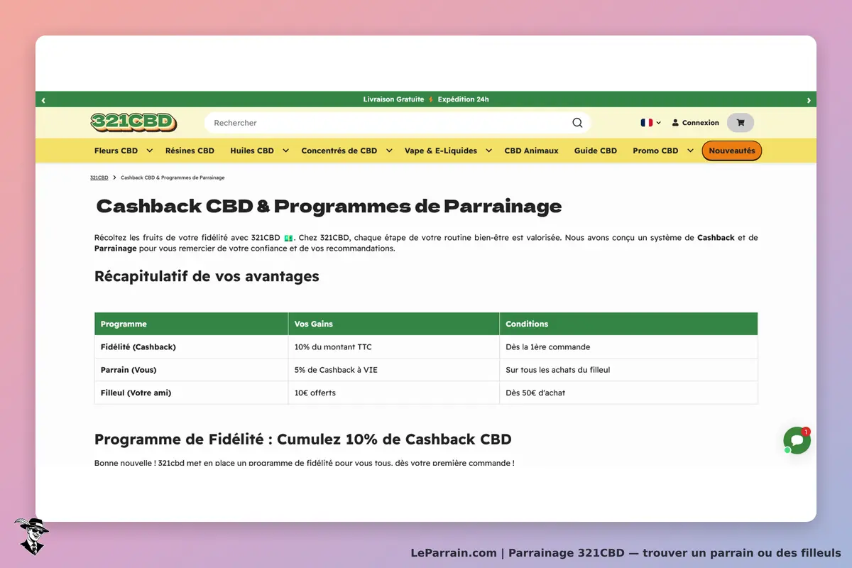 321CBD : page sur le cashback et les programmes de parrainage avec tableau récapitulatif