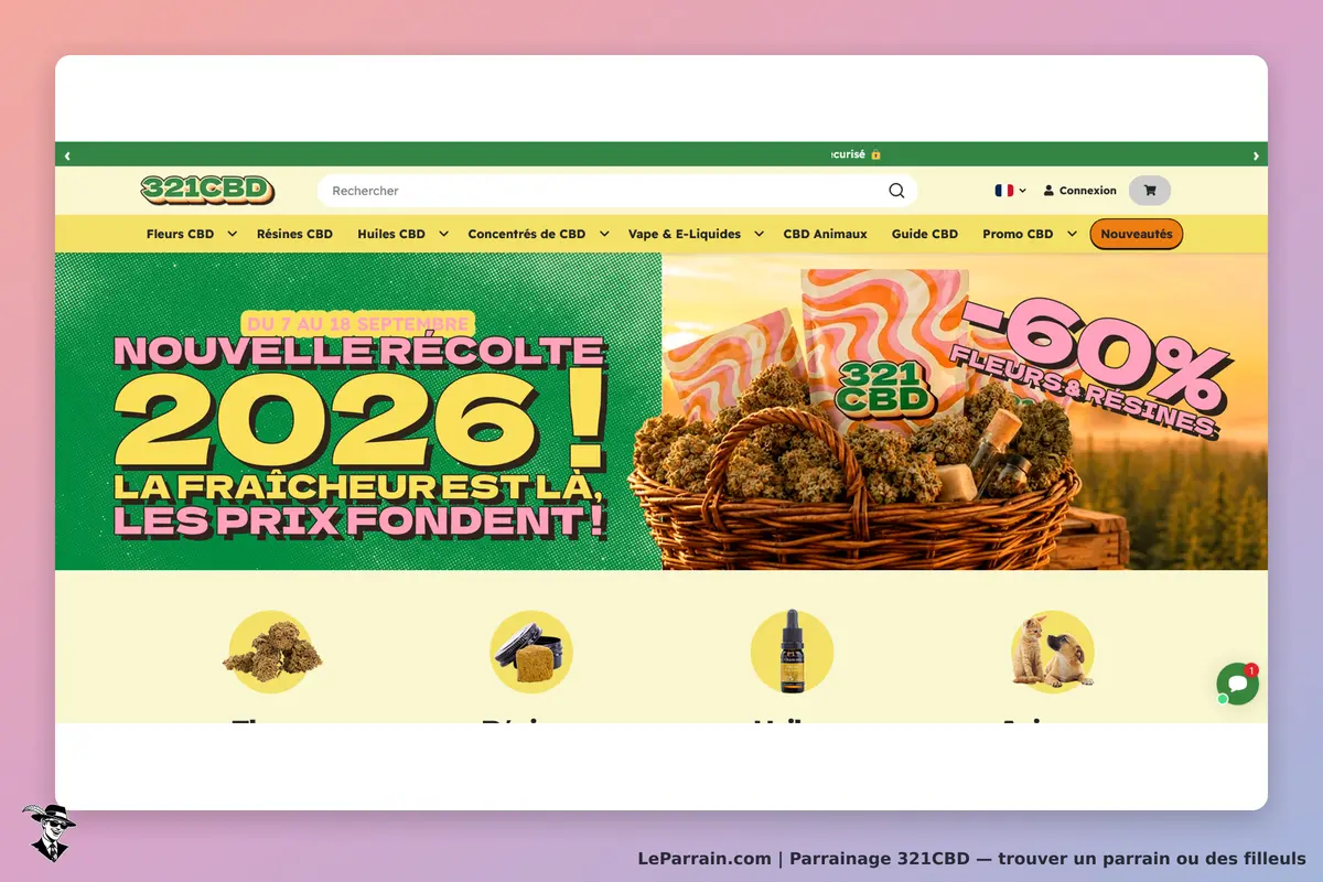 321CBD : page d'accueil avec des fleurs de CBD et un message sur une nouvelle récolte