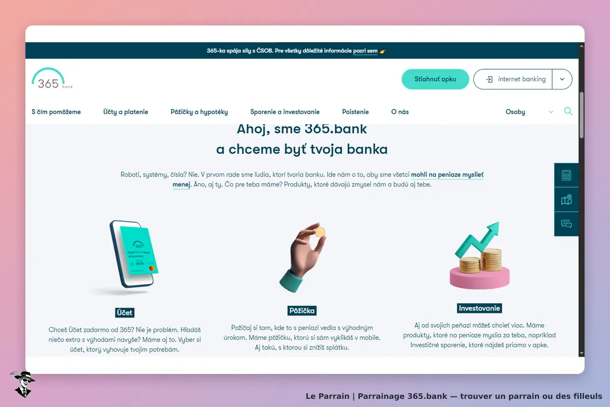 365.bank : page d'accueil avec sections sur les comptes, prêts et investissements