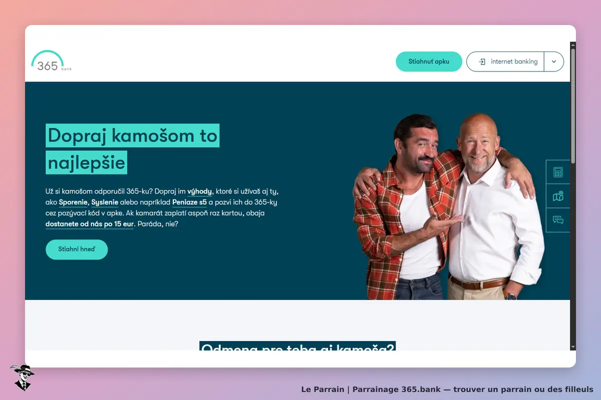 365.bank : page d'accueil avec deux hommes souriants et un texte promotionnel en slovaque