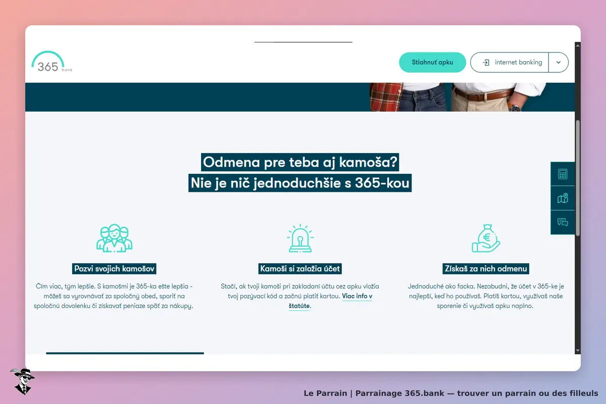 365.bank : page d'accueil avec des informations sur le parrainage et l'ouverture de compte