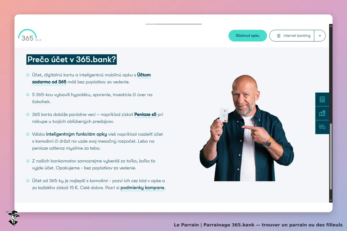 365.bank : page d'accueil présentant un homme tenant une carte bancaire et des informations sur les