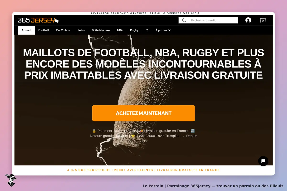 365Jersey : page d'accueil avec maillots de sport et bouton d'achat. Informations sur la livraison