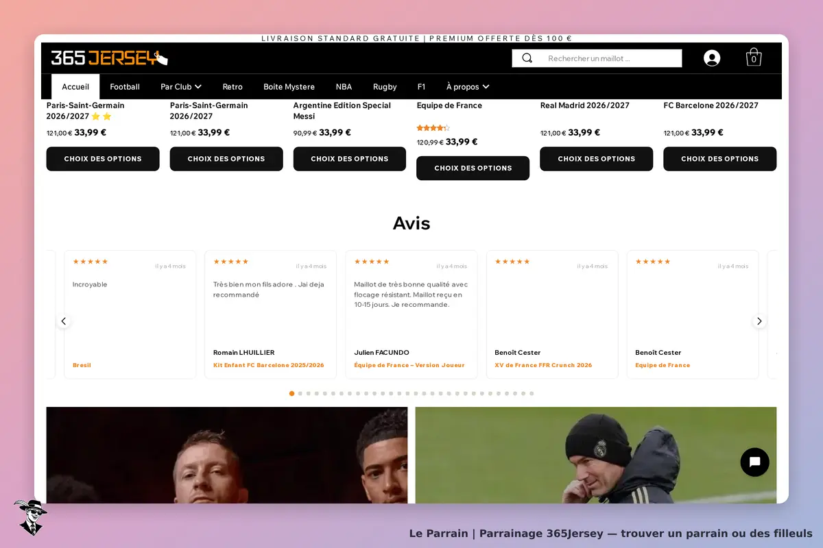 365Jersey : page d'accueil avec maillots de football et avis clients affichés