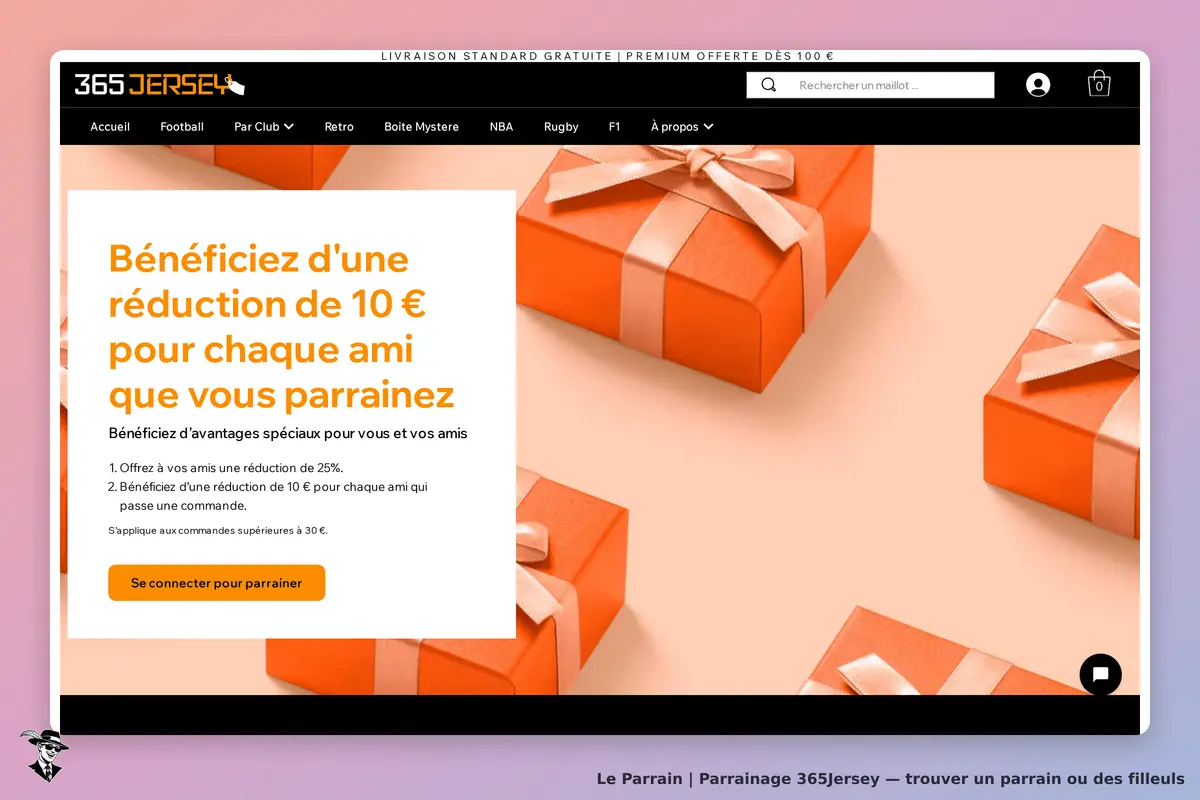 365Jersey : page d'accueil avec des cadeaux orange et un texte sur le parrainage