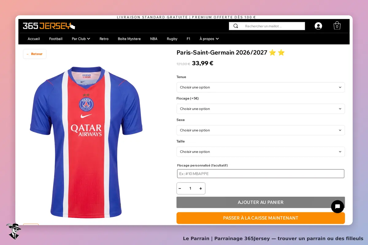 365Jersey : maillot Paris-Saint-Germain 2026/2027 avec options de personnalisation et choix