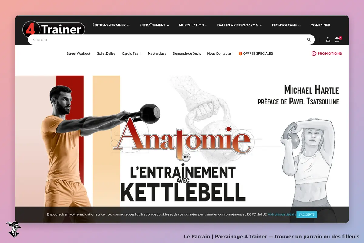 4 Trainer : page d'accueil avec images de kettlebell et titres sur l'entraînement