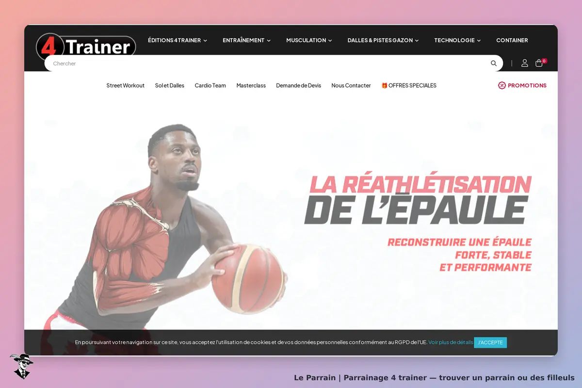 4 Trainer : page d'accueil avec un athlète et un message sur la réathlétisation de l'épaule
