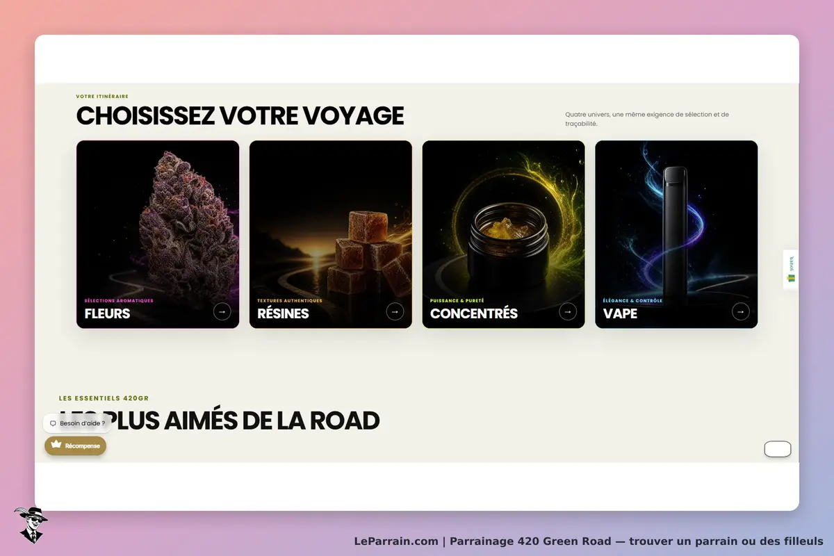 420 Green Road : page d'accueil avec catégories de produits : fleurs, résines, concentrés, vape