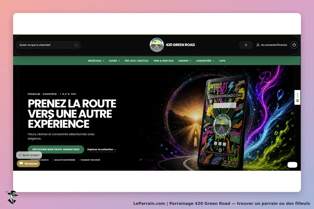 420 Green Road : page d'accueil avec un visuel coloré et un produit en avant-plan