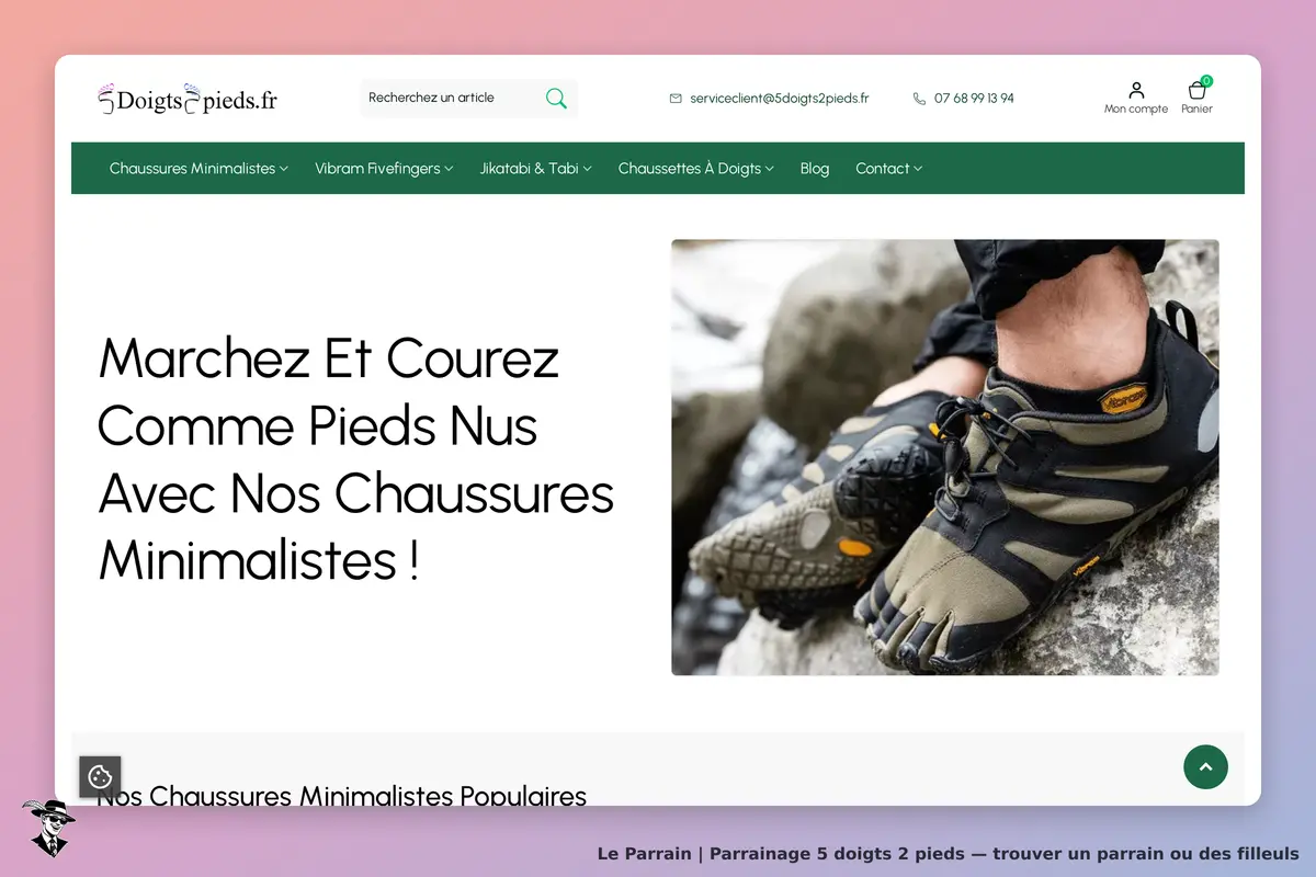 5 Doigts 2 Pieds : page d'accueil présentant des chaussures minimalistes avec un slogan accrocheur