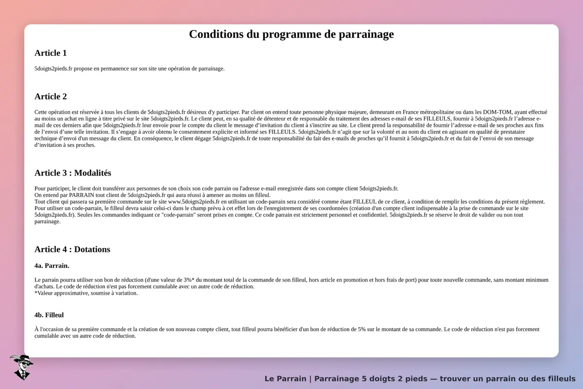5 doigts 2 pieds : conditions du programme de parrainage avec articles et modalités affichés