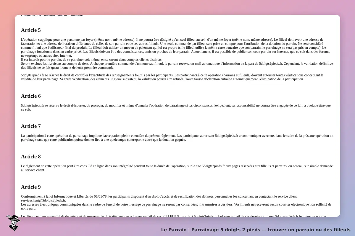 5 doigts 2 pieds : articles du règlement d'une opération de parrainage affichés sur la page