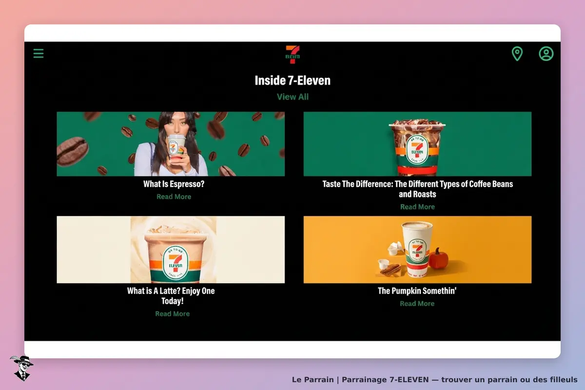 7-ELEVEN : page d'accueil avec des boissons et des questions sur le café