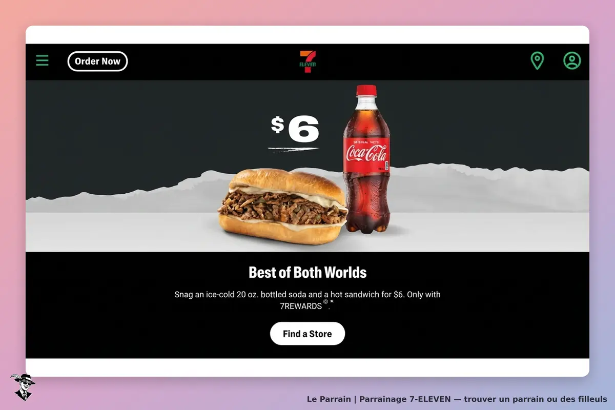 7-ELEVEN : sandwich chaud avec viande et bouteille de Coca-Cola sur fond noir