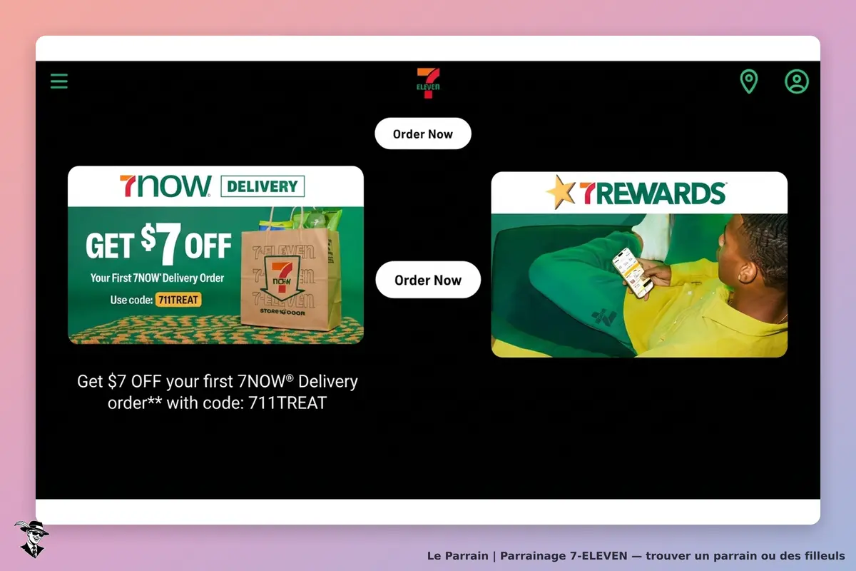 7-ELEVEN : page d'accueil avec promotions pour 7NOW et 7REWARDS, boutons "Order Now"