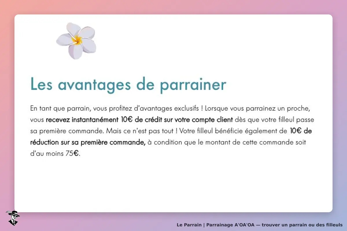 Introduction officielle A’OA’OA : crédit de 10 € annoncé instantané et réduction de 10 € dès 75 €, formulations différentes des conditions détaillées signalées dans la fiche.