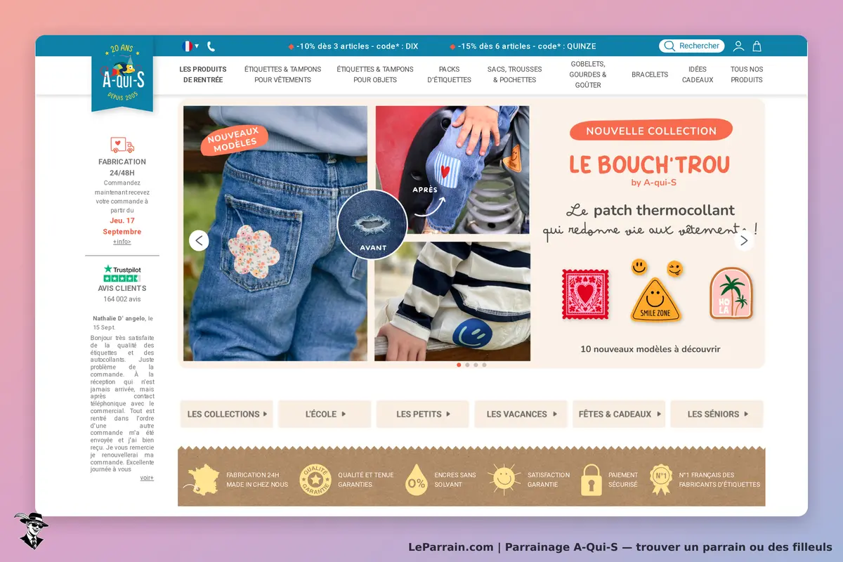 A-Qui-S : page d'accueil présentant des patchs thermocollants sur des vêtements