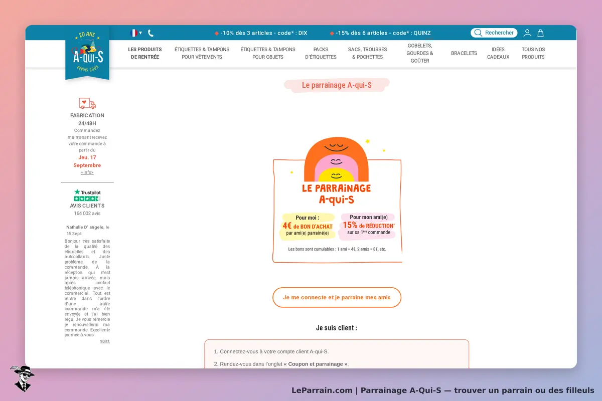 A-Qui-S : page d'accueil avec informations sur le parrainage et avis clients affichés