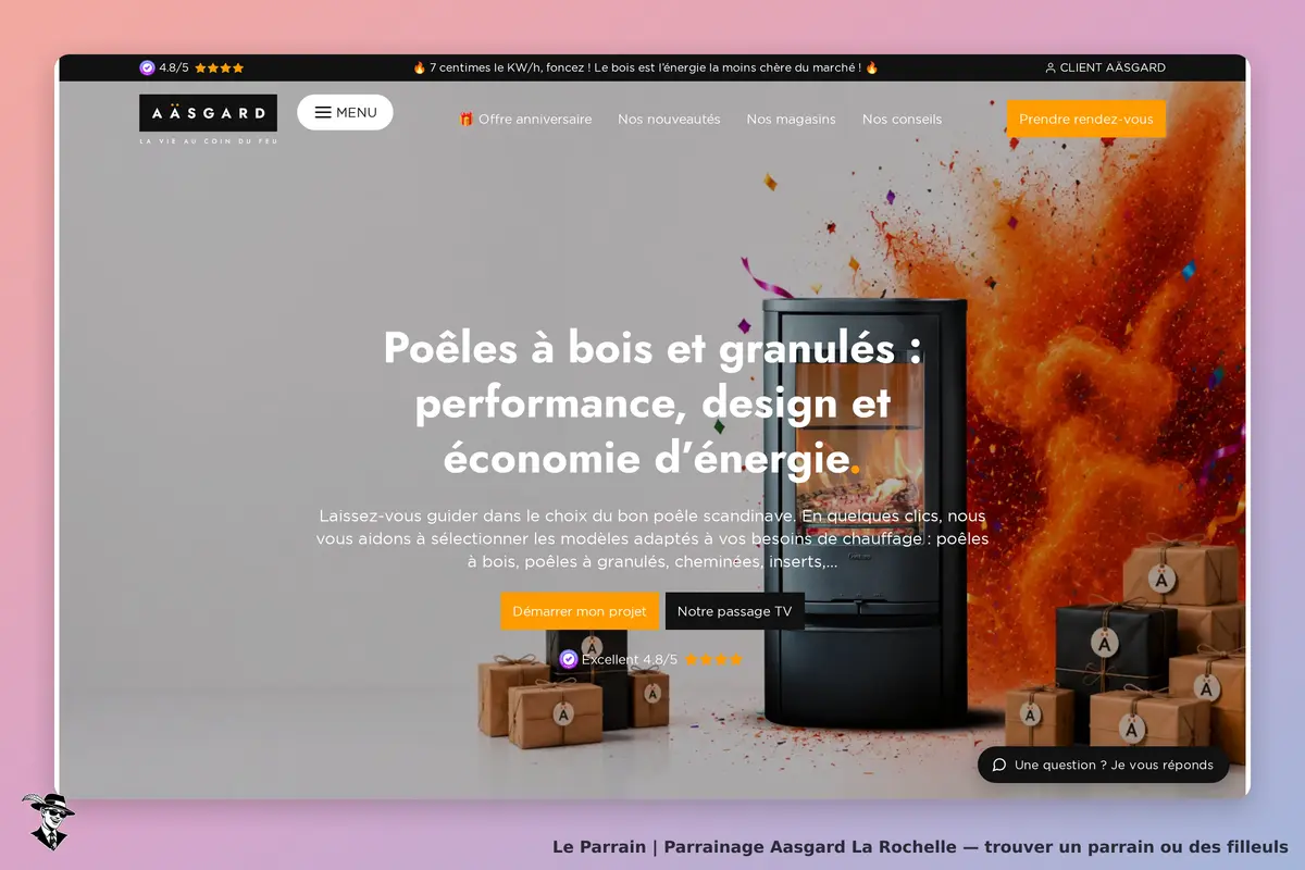 Aasgard La Rochelle : aasgard : page d'accueil avec poêle à bois, texte sur performance et design