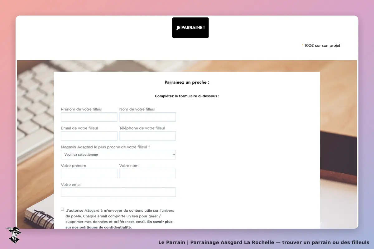 Aasgard La Rochelle : formulaire de parrainage avec champs à remplir et options de consentement