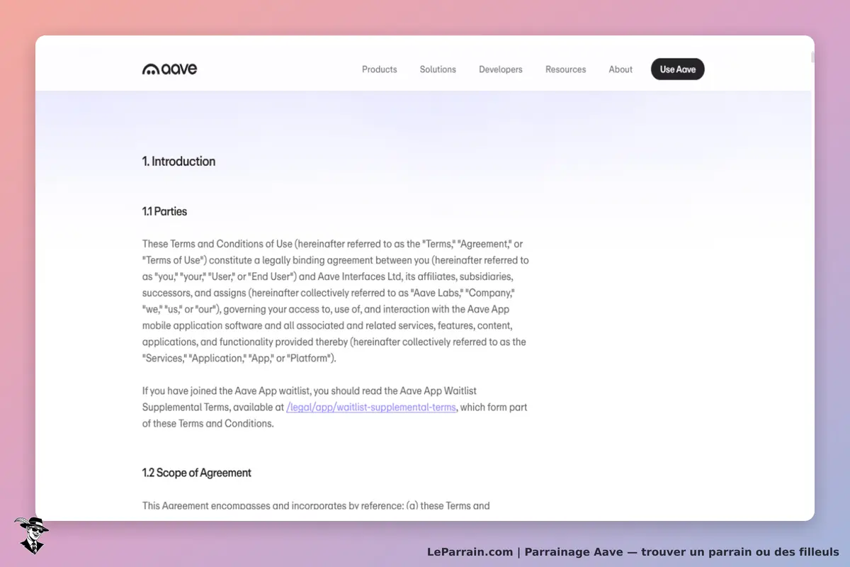 Aave : capture de l'introduction des conditions d'utilisation sur le site
