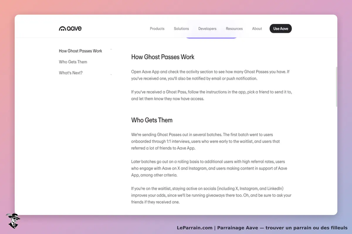 Aave : section d'information sur les Ghost Passes avec titres et explications