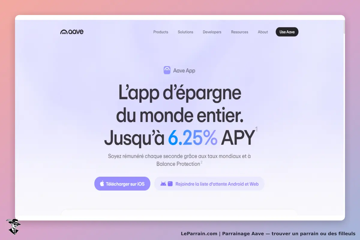 Aave : page d'accueil avec le titre de l'application et options de téléchargement pour iOS