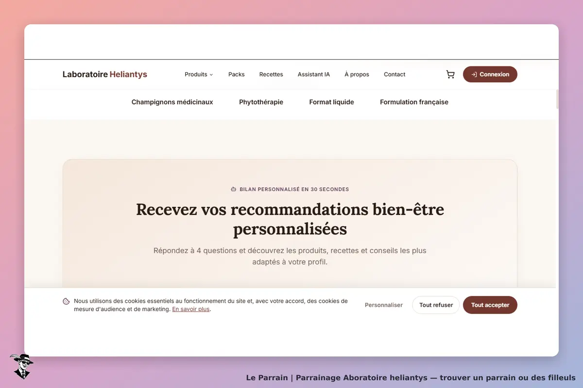 Laboratoire Heliantys : page d'accueil avec recommandations bien-être personnalisées et options de