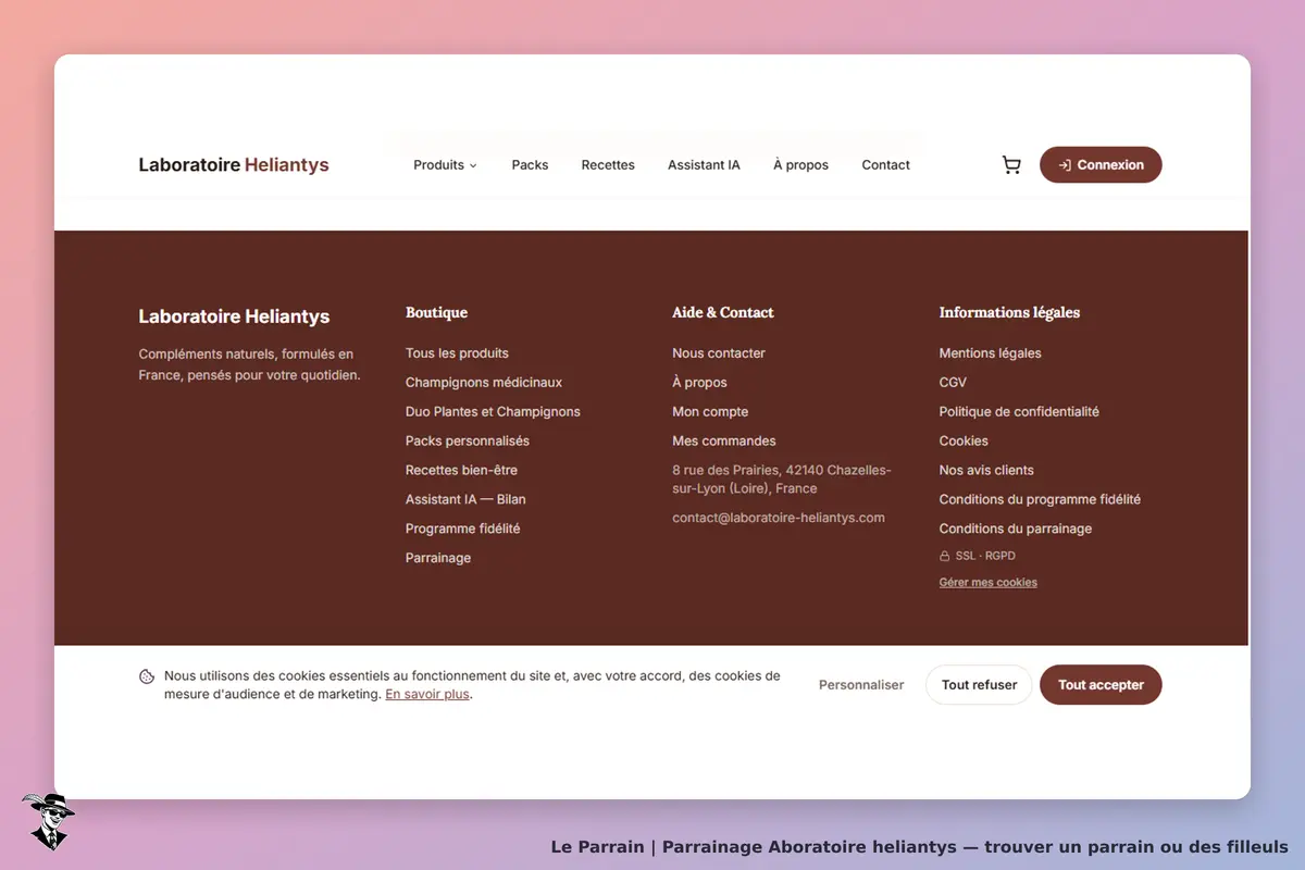 Laboratoire Heliantys : menu de navigation et sections sur les produits et le contact