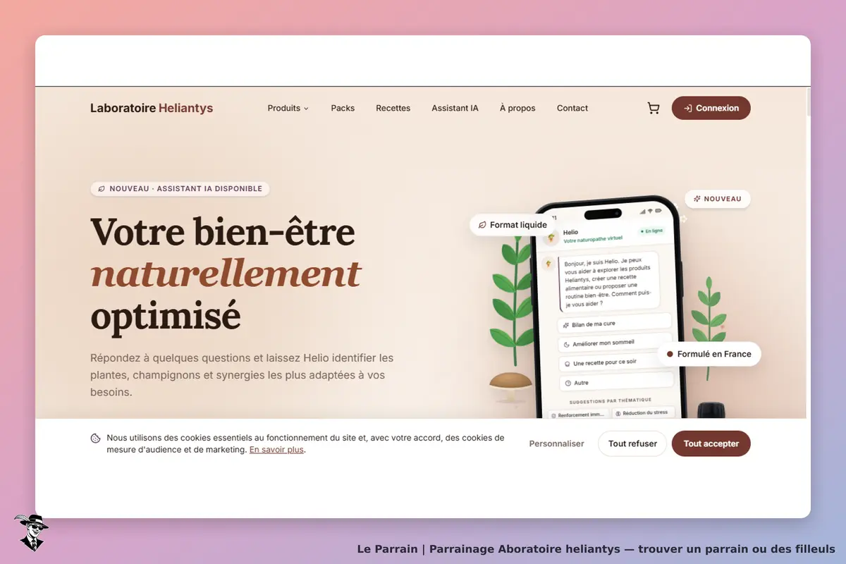 Laboratoire Heliantys : page d'accueil avec un assistant virtuel et des options de personnalisation