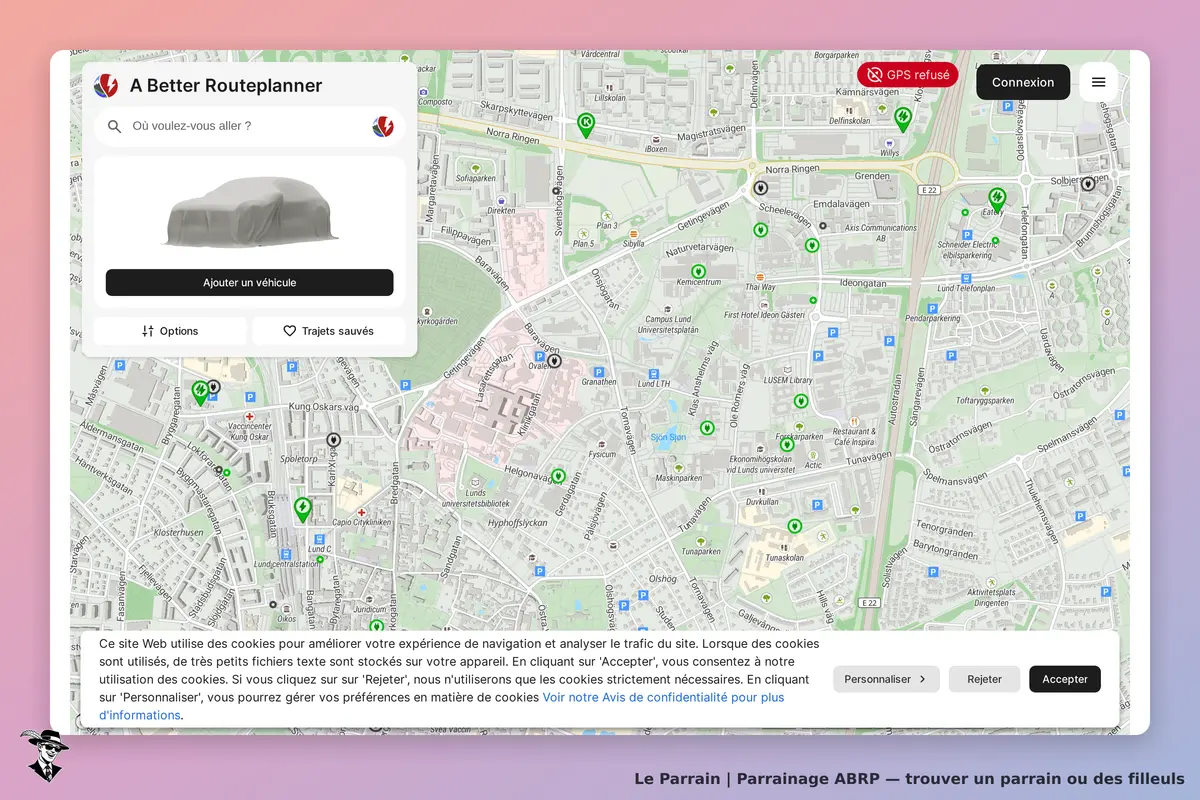 ABRP : carte interactive avec formulaire pour ajouter un véhicule et options de navigation