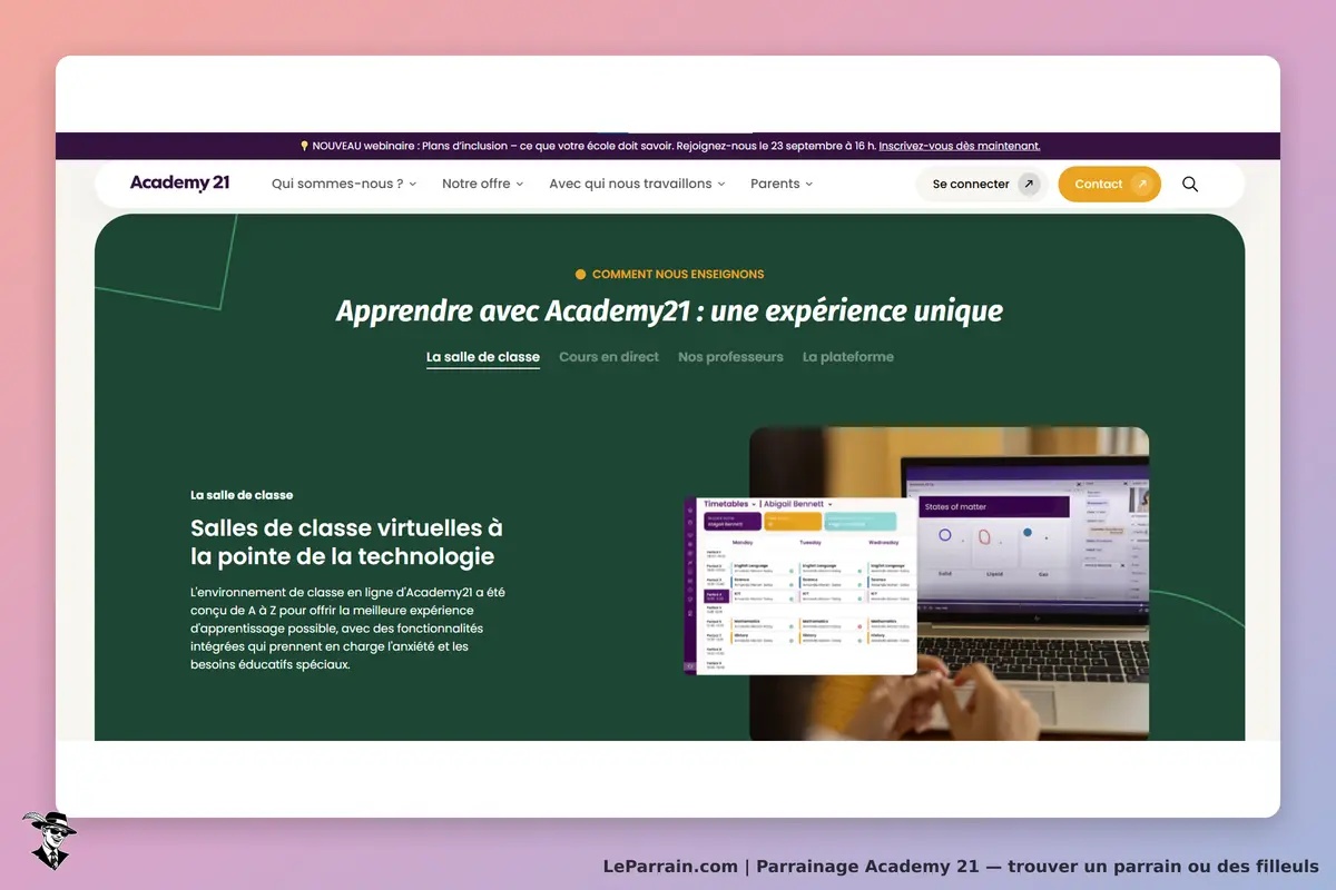Academy 21 : page d'accueil présentant les salles de classe virtuelles et un aperçu d'un tableau
