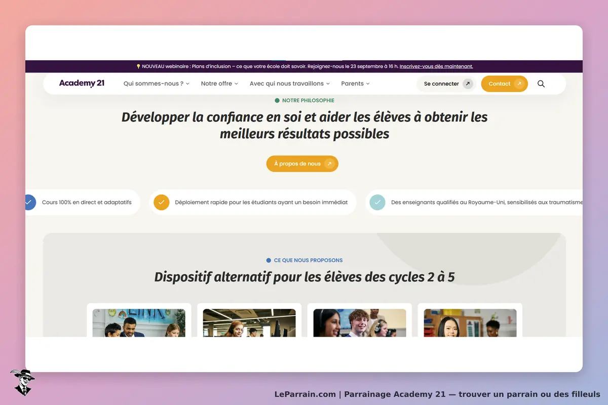 Academy 21 : page d'accueil présentant la philosophie et les offres éducatives de l'établissement