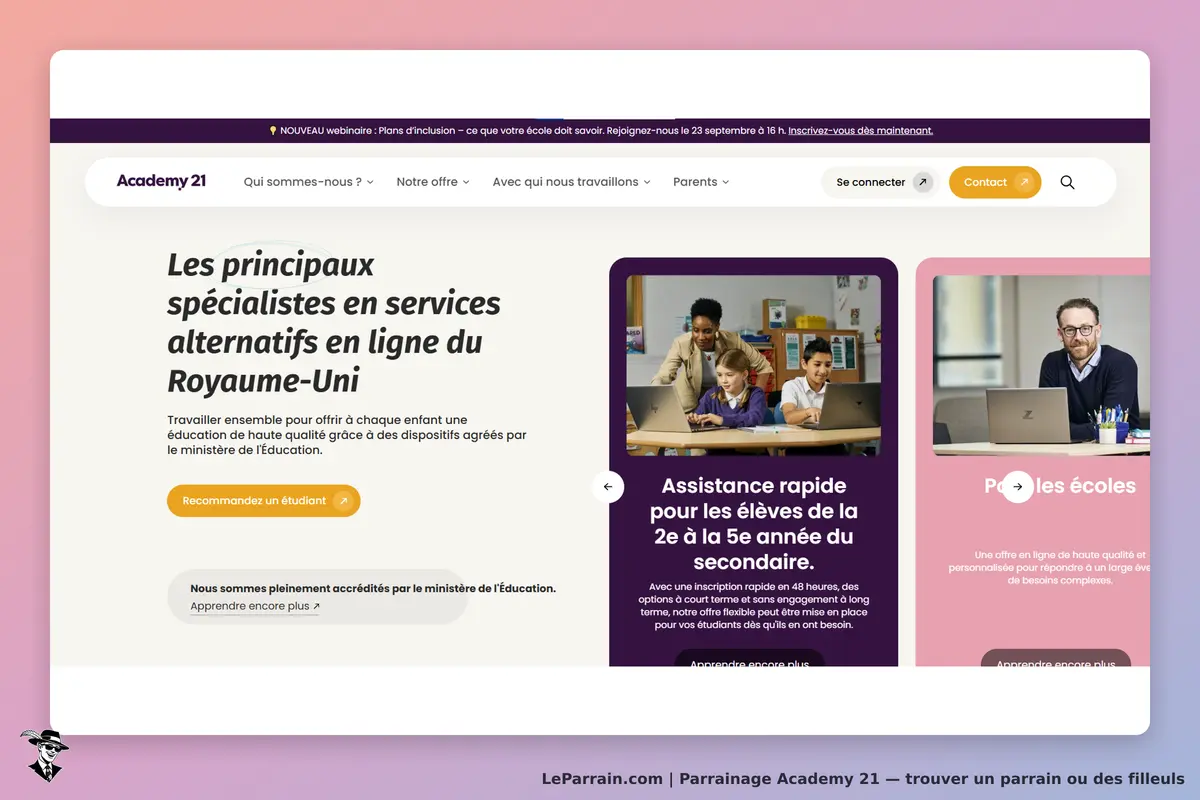 Academy 21 : page d'accueil présentant des services éducatifs en ligne pour le Royaume-Uni