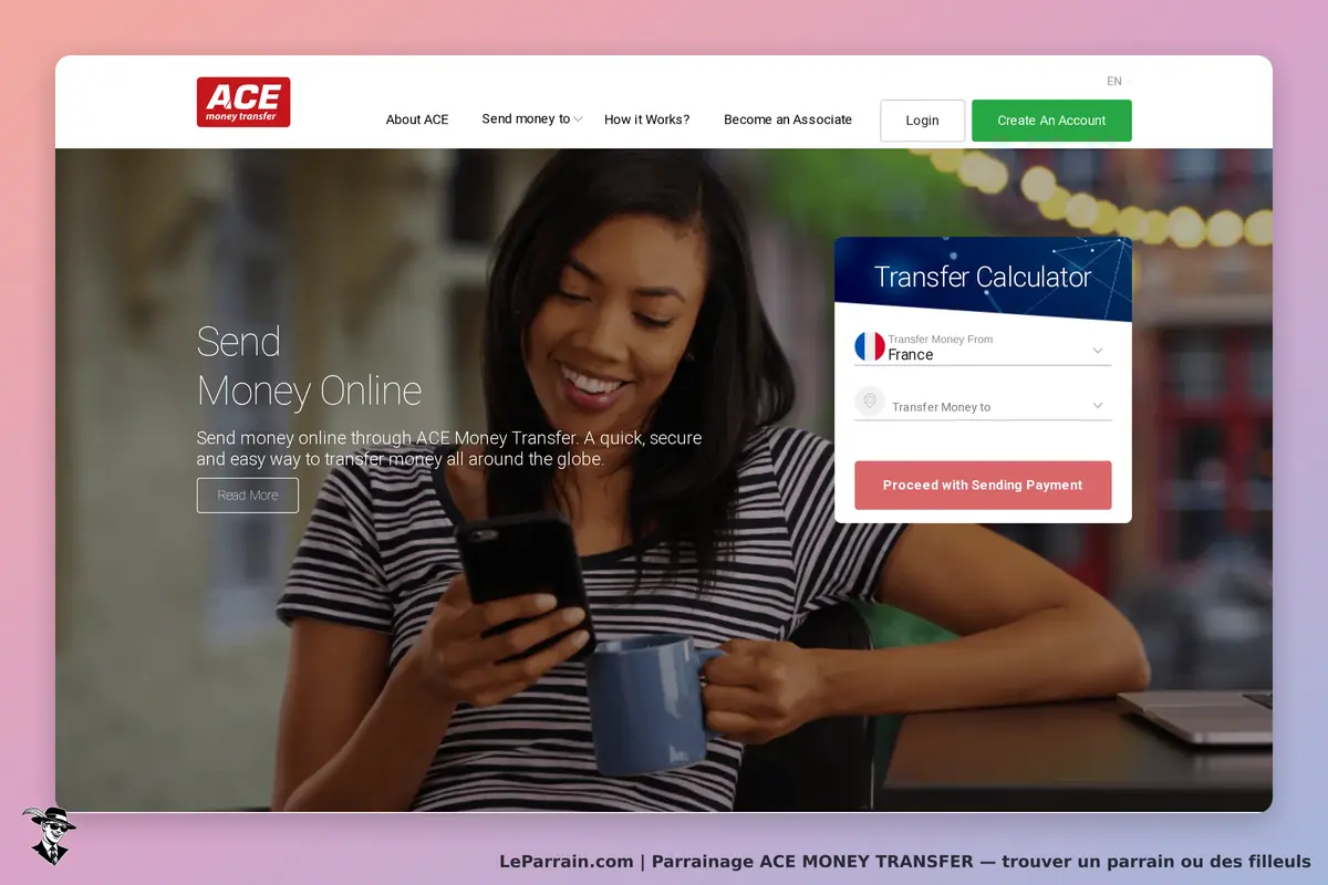 ACE MONEY TRANSFER : page d'accueil avec un formulaire de transfert et une femme utilisant son