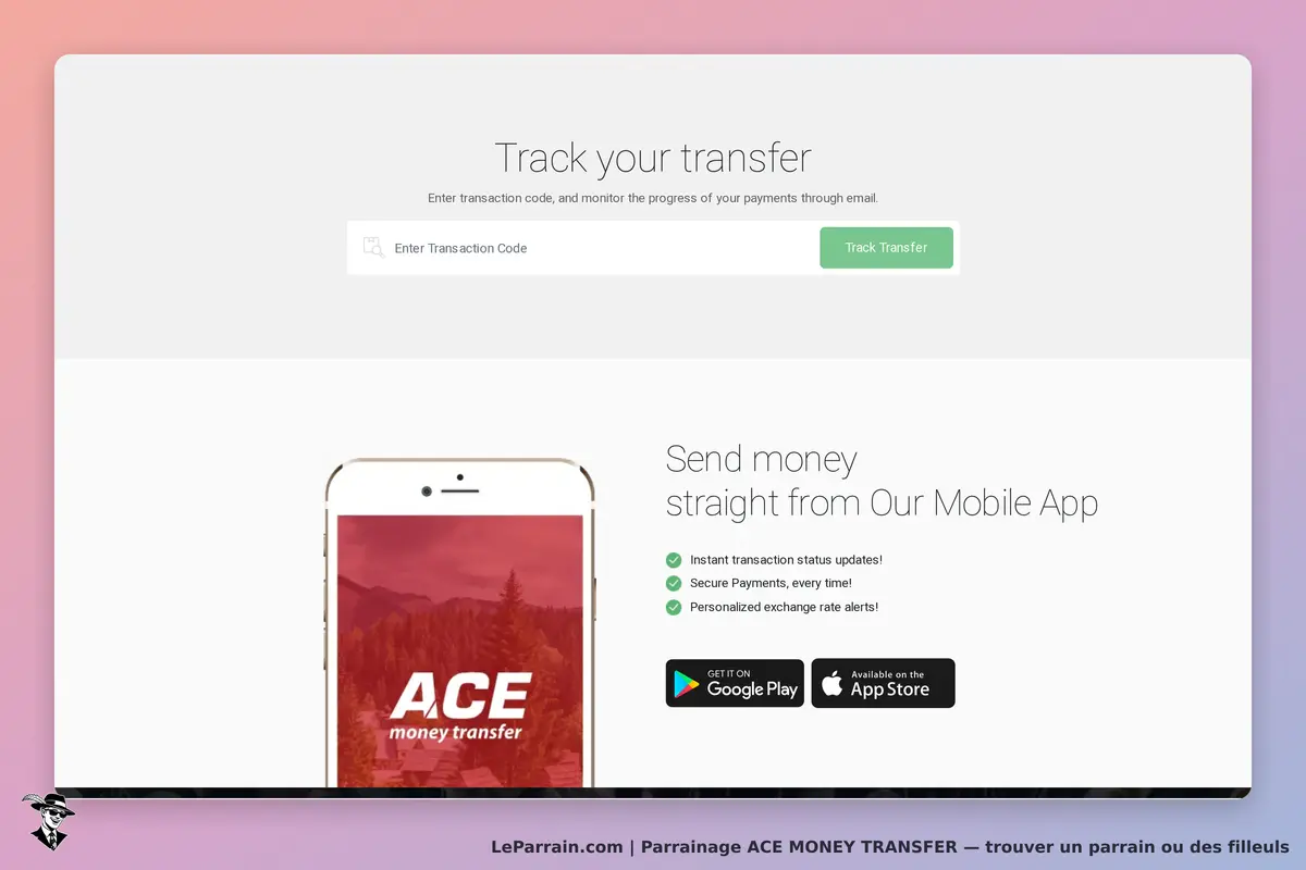 ACE MONEY TRANSFER : page d'accueil avec formulaire de suivi et promotion de l'application mobile