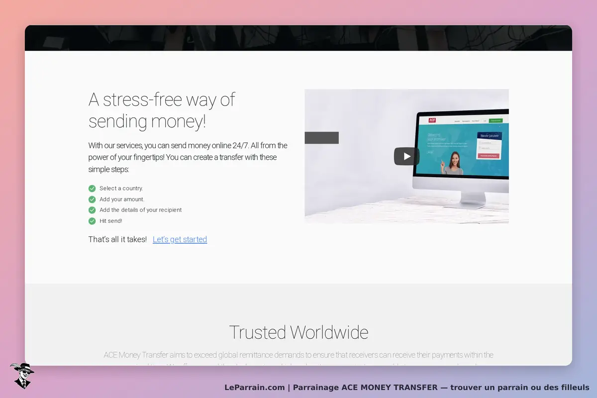 ACE MONEY TRANSFER : page d'accueil présentant un service de transfert d'argent en ligne