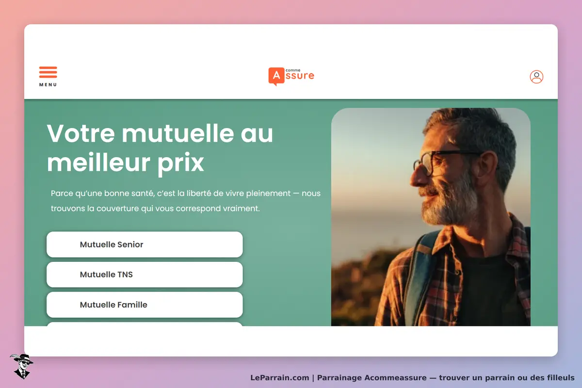 Acommeassure : page d'accueil avec un homme souriant et des options de mutuelles affichées
